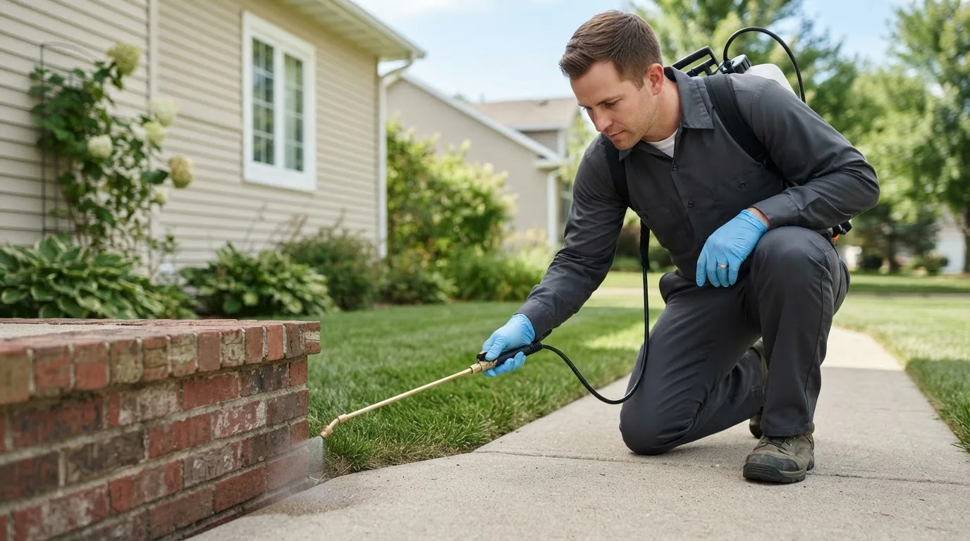 Pest control technician treating a home near Nemacolin, PA